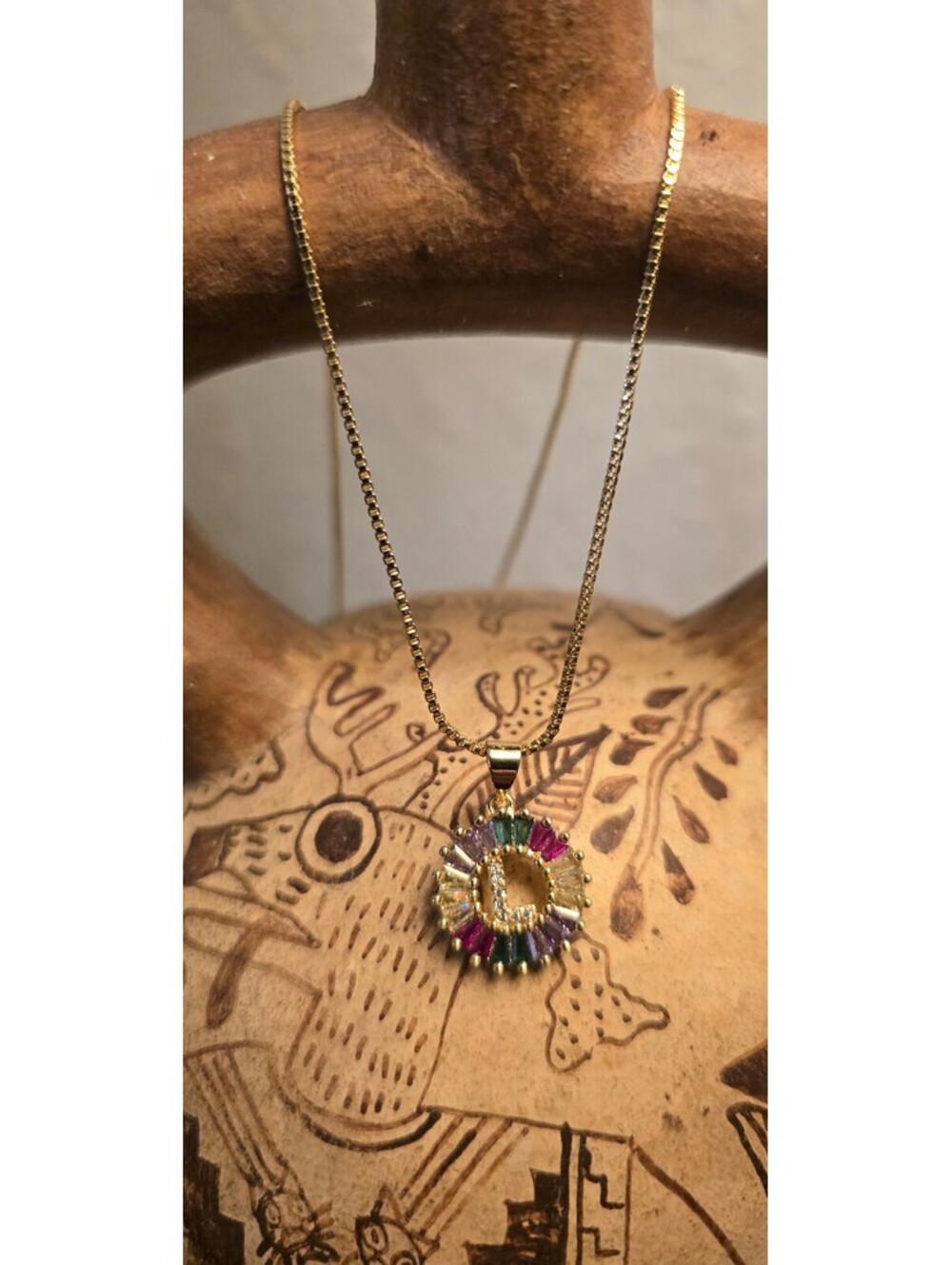 Gold Tone Multicolor Pendant Necklace with Circular Design and initial L